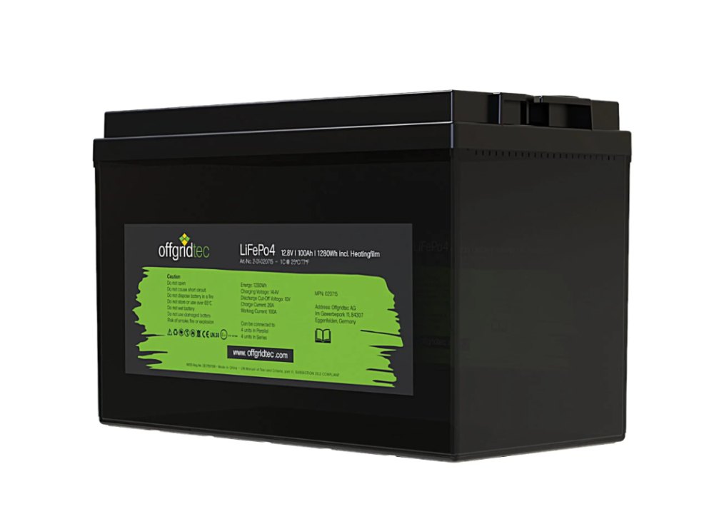 Offgridtec LiFePO4 baterie 12,8 V 100 Ah – 1280 Wh, integrovaný BMS a vyhřívací podložka