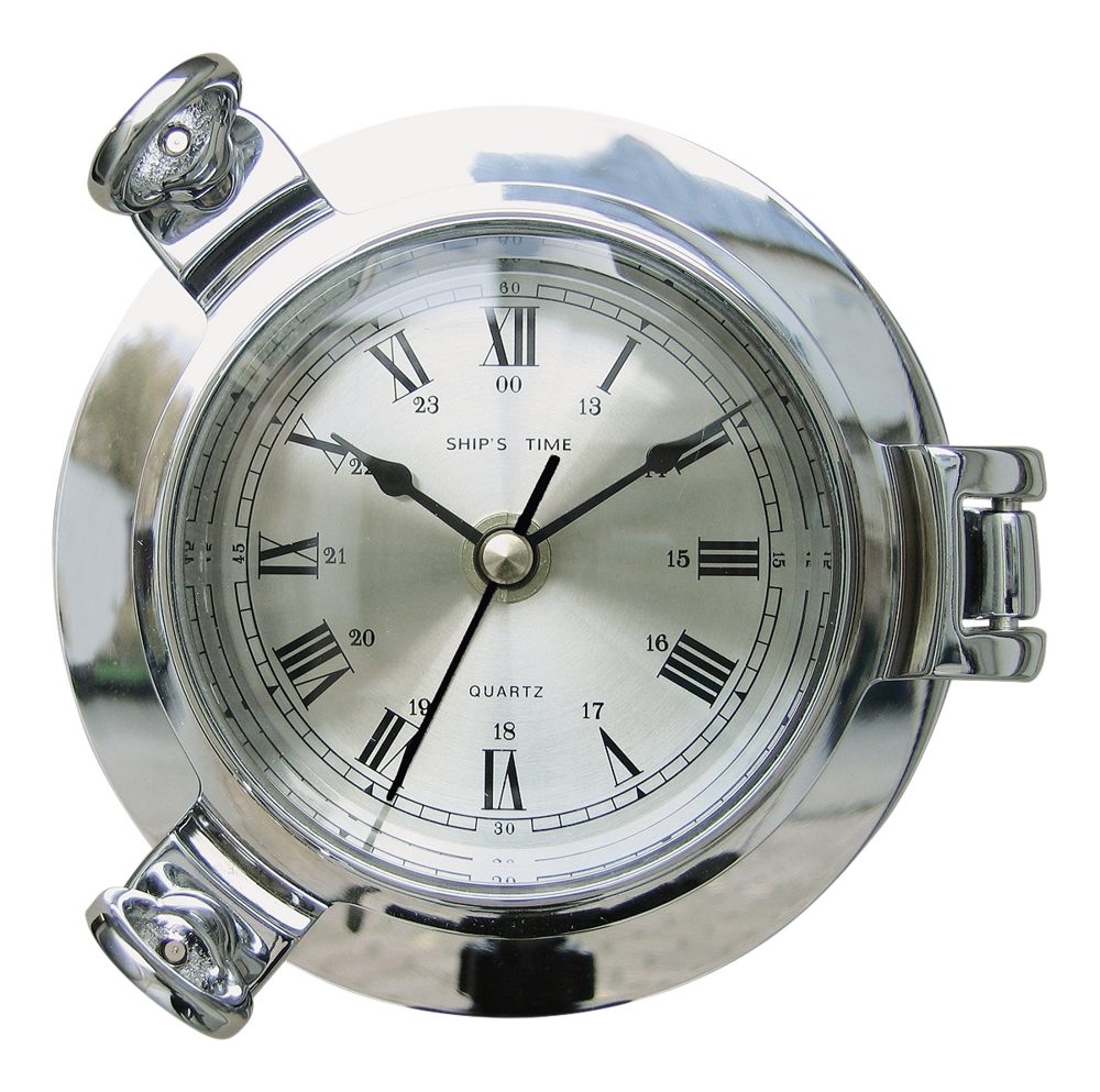 Hodiny v chromovaném lodním okně – průměr 14 cm