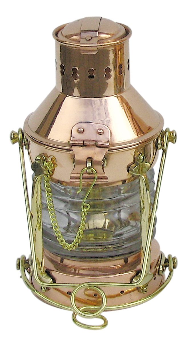 Kotevní lampa z mědi a mosazi s petrolejovým hořákem – výška 24 cm