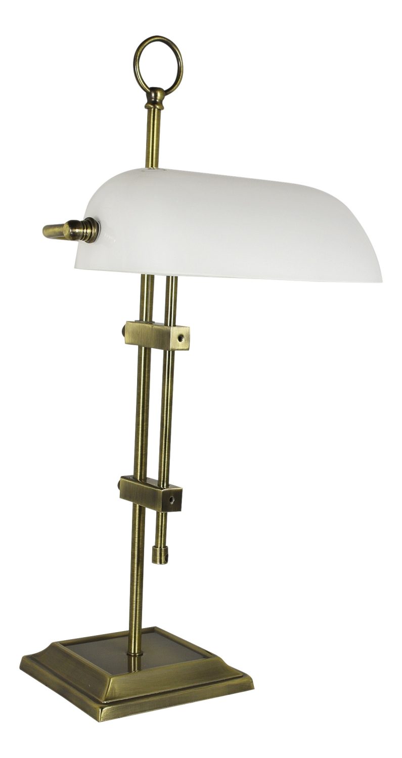 Bankovní lampa, stará mosaz, s opálovým skleněným stínidlem – výška 55 cm