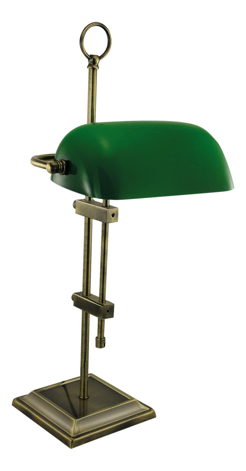 Bankovní lampa, stará mosaz, se zeleným skleněným stínidlem – výška 55 cm