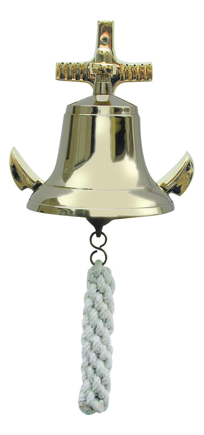 Zvon s nástěnným držákem ve tvaru kotvy, mosazný – průměr 12 cm