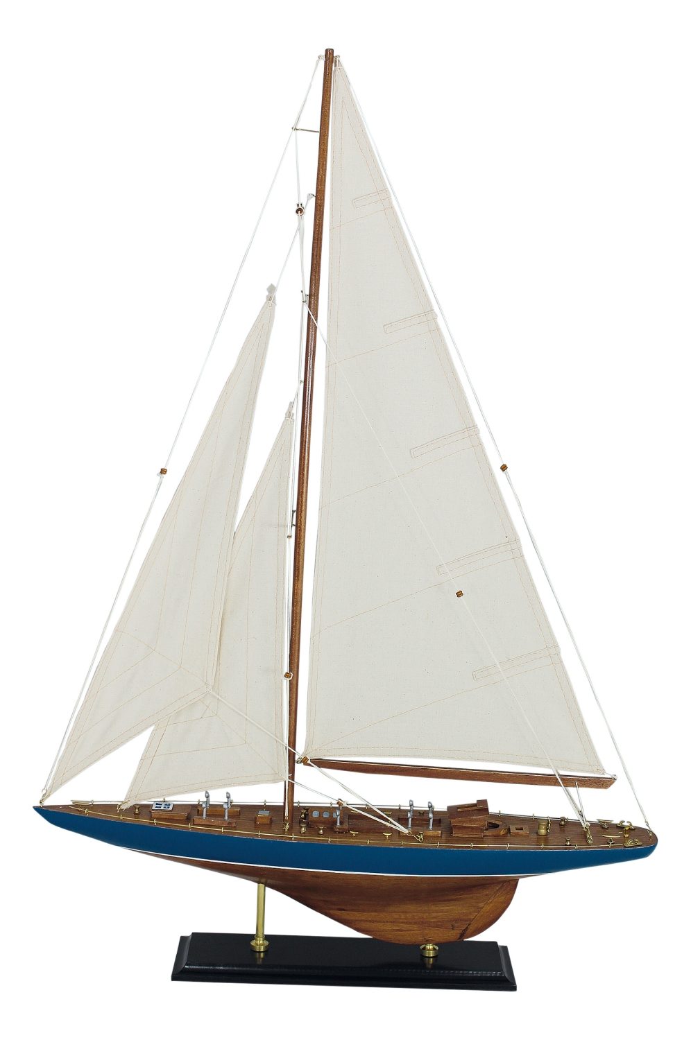 Model plachetnice, dřevo s látkovými plachtami, stařený trup – délka 60 cm, výška 88 cm