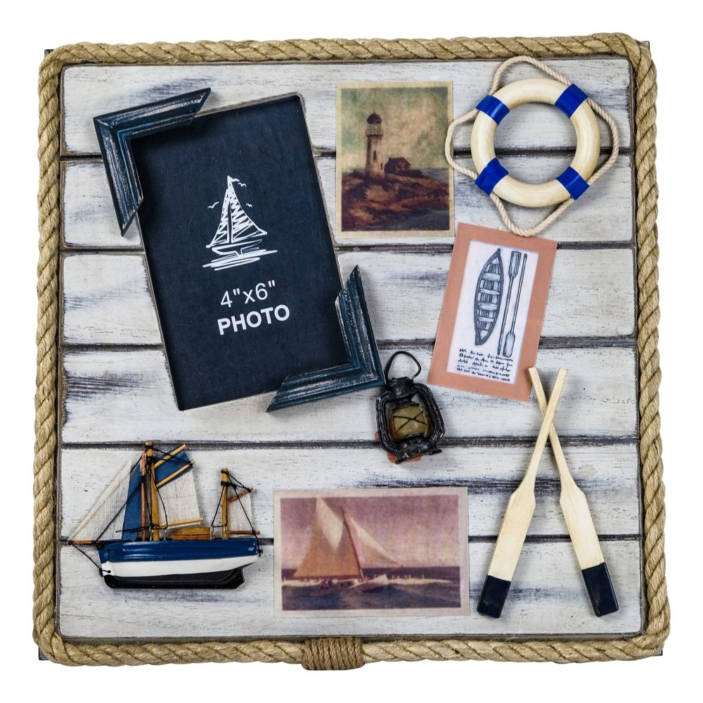 Fotorámeček v námořním stylu k zavěšení, malované dřevo – 30 × 30 × 3 cm