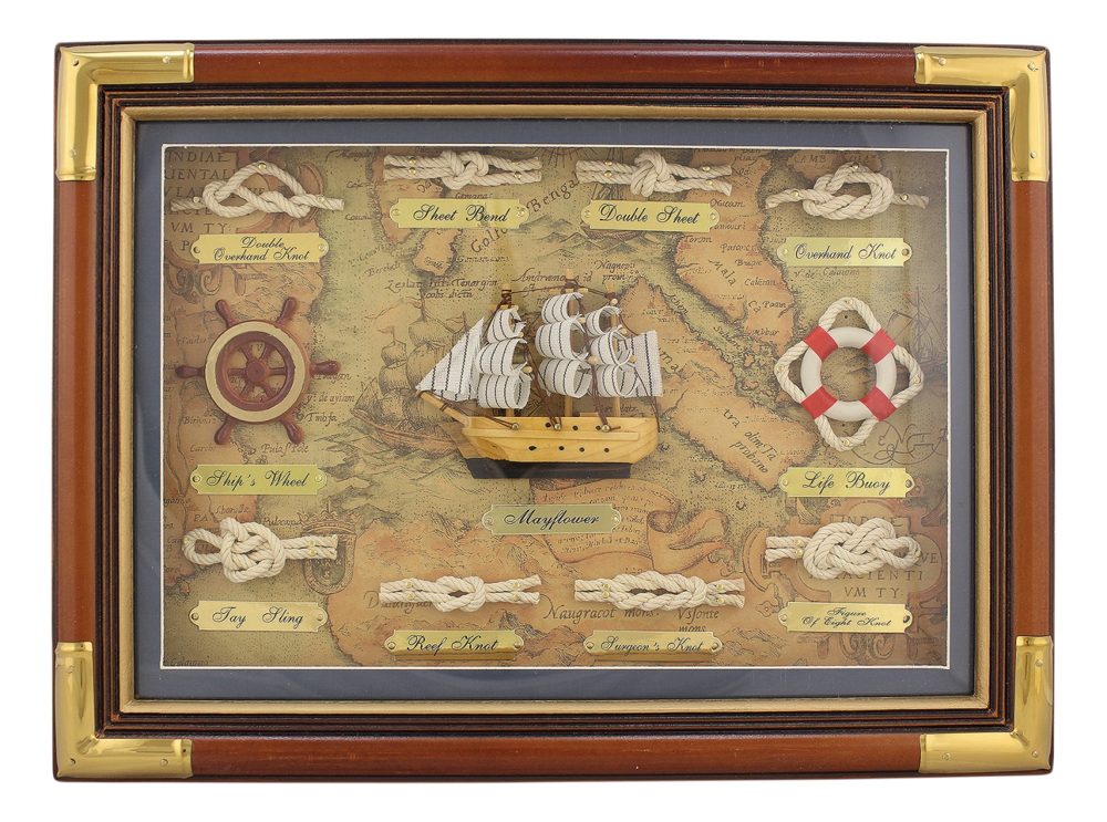 Tabule s námořnickými uzly za sklem, dřevo a mosaz – 38 × 28 cm