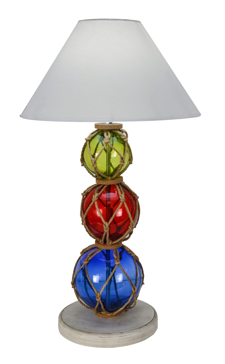 Lampa se skleněnými rybářskými plováky, sklo a dřevo, se stínidlem – výška 66 cm