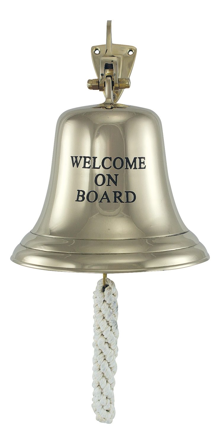 Lodní zvon mosazný s nápisem WELCOME ON BOARD, lehké provedení – průměr 15 cm