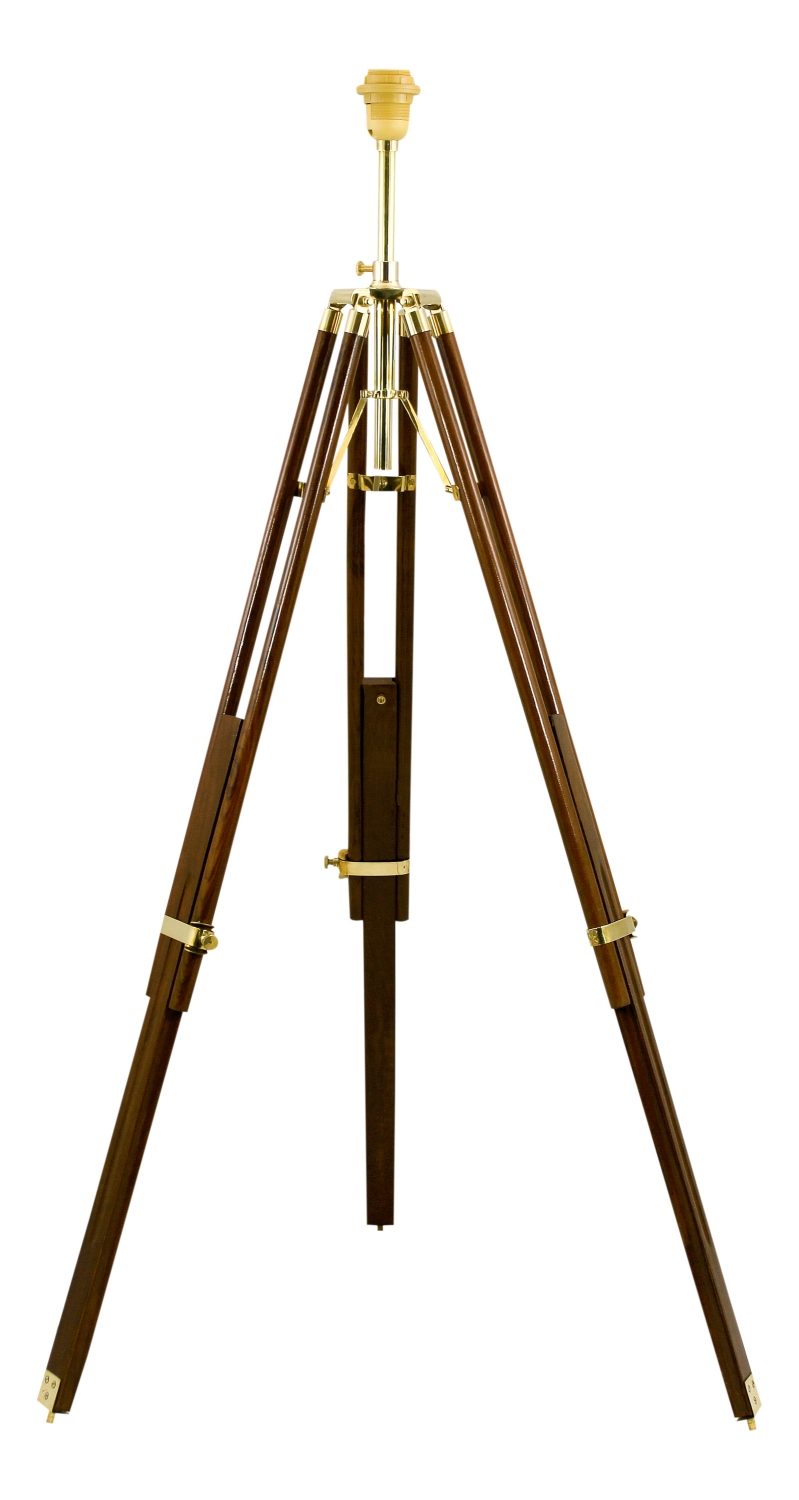 Lampa trojnožka, dřevo a mosaz, 230 V – výška 91–147 cm, bez stínidla
