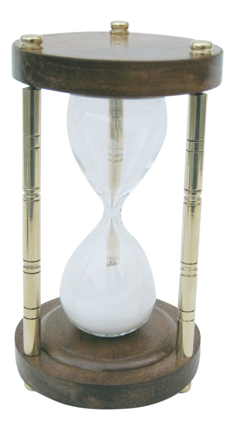 Přesýpací hodiny mosazno-dřevěné se 3 sloupky – cca 5 minut, výška 15 cm
