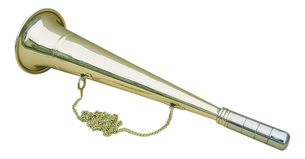 Mlhový roh mosazný s řetízkem – délka 33,5 cm, průměr 9,5 cm