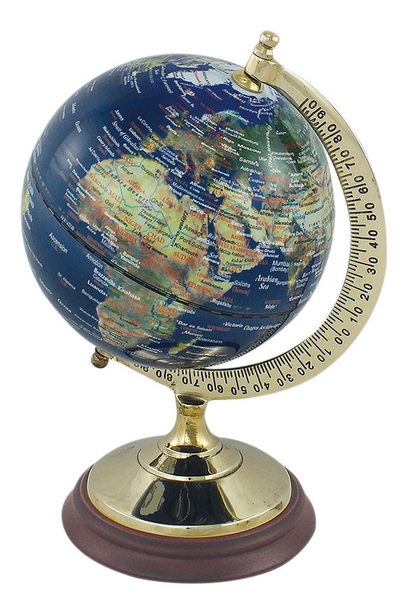 Glóbus tmavě modrý na mosazno-dřevěném stojanu – výška 22,5 cm