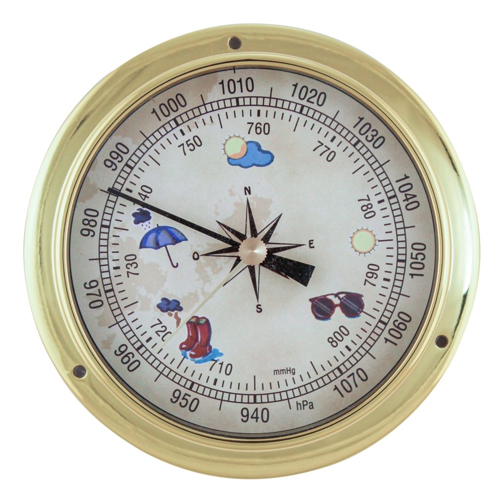Barometr mosazný, barevný ciferník – průměr 11,5 cm