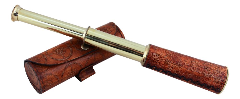 Dalekohled z mosazi a kůže s koženým pouzdrem – délka 32 cm