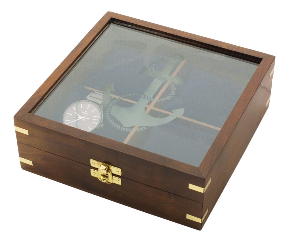 Box na hodinky nebo šperky, dřevo se sametovými polštářky – 19 × 19 × 7 cm