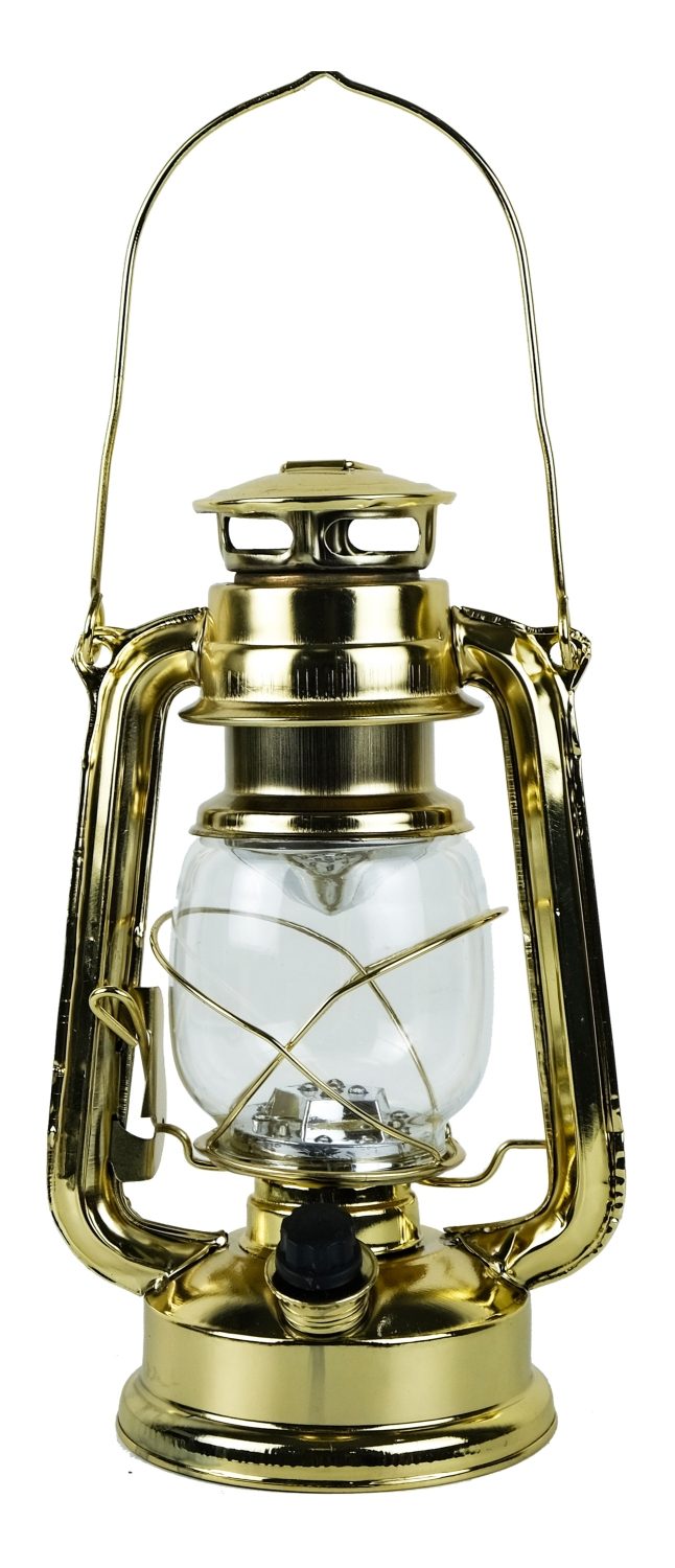 LED lucerna na baterie, železná, mosazná barva – výška 24,5 cm