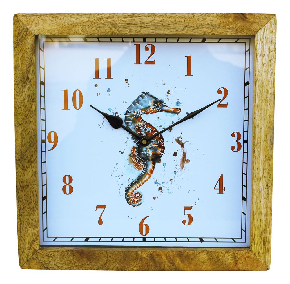 Nástěnné hodiny s mořským koníkem z mangového dřeva – 30,5 × 30,5 × 6,5 cm