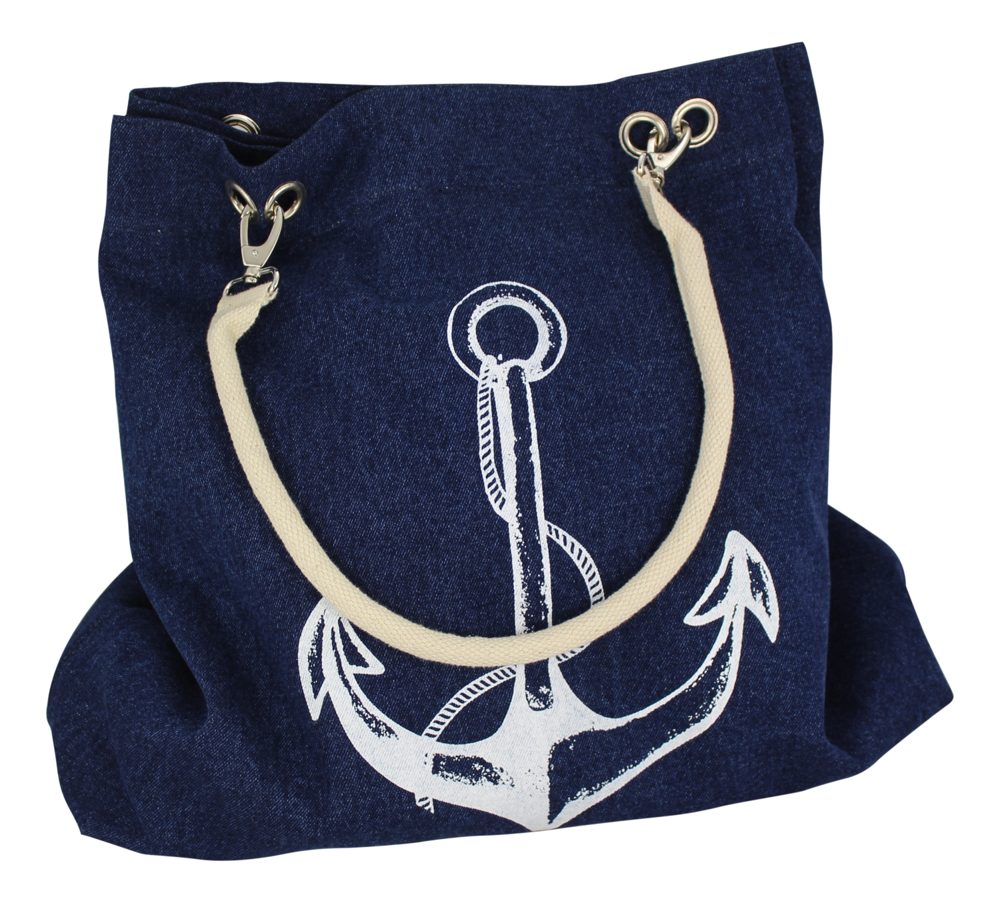 Nákupní taška z denimu s potiskem kotvy a kormidla – 48/60 × 14 × 47 cm