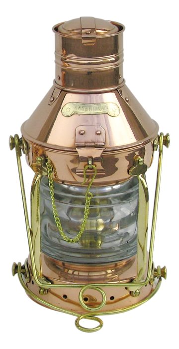 Kotevní lampa z mědi a mosazi s petrolejovým hořákem – výška 32 cm