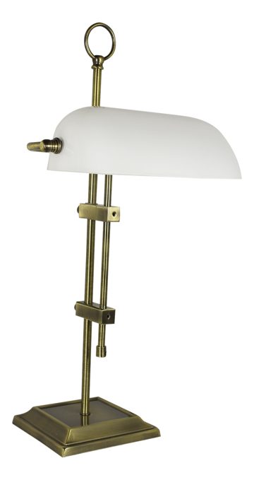 Bankovní lampa, stará mosaz, s opálovým skleněným stínidlem – výška 55 cm