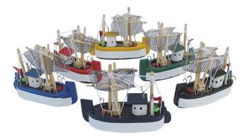 Modely krabích kutrů dřevěné, různé barvy – délka 7 cm, sada 6 ks