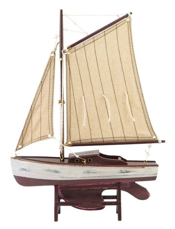 Model plachetnice, dřevo s látkovými plachtami, vínově červená – délka 25 cm, výška 36 cm