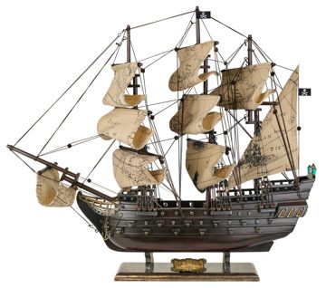 Model pirátské lodě ze dřeva, látky a kovu – 51 × 18 × 44 cm