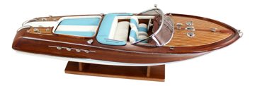 Model motorového člunu ze dřeva, kovu a kůže – délka 67 cm