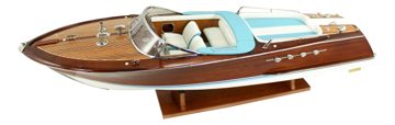 Model motorového člunu ze dřeva, kovu a kůže – délka 86 cm