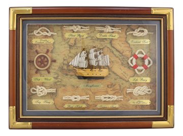 Tabule s námořnickými uzly za sklem, dřevo a mosaz – 38 × 28 cm