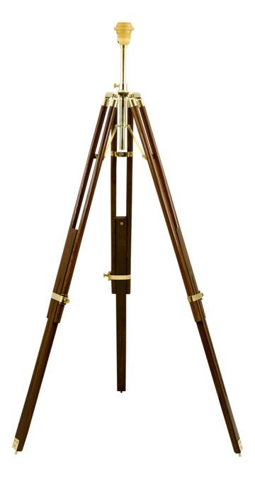 Lampa trojnožka, dřevo a mosaz, 230 V – výška 91–147 cm, bez stínidla