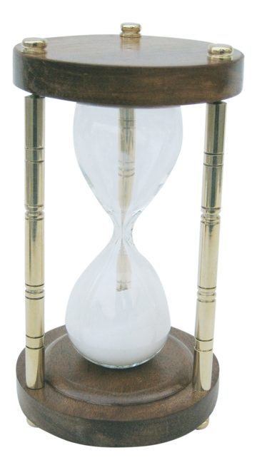Přesýpací hodiny mosazno-dřevěné se 3 sloupky – cca 5 minut, výška 15 cm