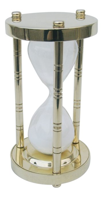 Přesýpací hodiny mosazné se 3 sloupky – cca 15 minut, výška 14,5 cm
