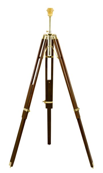 Stojací lampa na trojnožce, dřevo a mosaz – výška 166/187 cm, bez stínidla
