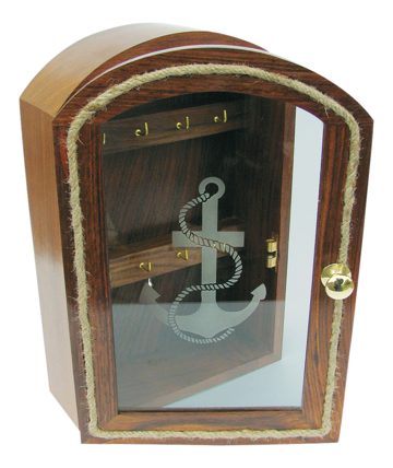 Skříňka na klíče dřevěná se skleněnými dvířky s kotvou – 20 × 30 cm