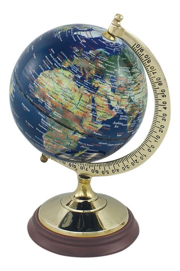 Glóbus tmavě modrý na mosazno-dřevěném stojanu – výška 22,5 cm