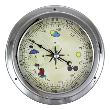 Barometr chromovaný, barevný ciferník – průměr 14,5 cm
