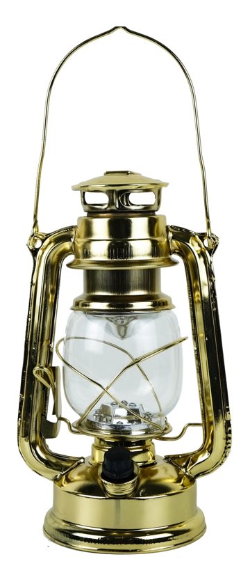 LED lucerna na baterie, železná, mosazná barva – výška 24,5 cm