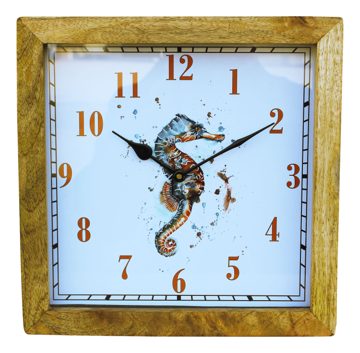 Nástěnné hodiny s mořským koníkem z mangového dřeva – 30,5 × 30,5 × 6,5 cm