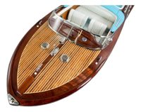 Model motorového člunu ze dřeva, kovu a kůže – délka 51 cm