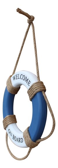 Záchranný kruh z MDF s lanem, modro-bílý – průměr 35 cm