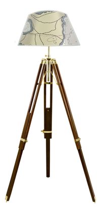 Lampa trojnožka, dřevo a mosaz, 230 V – výška 91–147 cm, bez stínidla