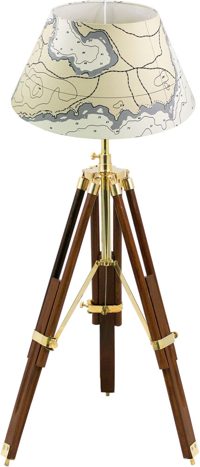 Lampa trojnožka, dřevo a mosaz, 230 V – výška 43–83,5 cm, bez stínidla