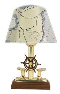 Lampa lodní úvazný sloupek s kormidlem, mosaz a dřevo – výška 26 cm, bez stínidla