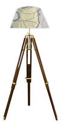 Stojací lampa na trojnožce, dřevo a mosaz – výška 166/187 cm, bez stínidla