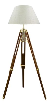 Stojací lampa na trojnožce, dřevo a mosaz – výška 166/187 cm, bez stínidla