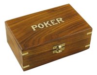 Pokerová sada v dřevěné krabici – 2 balíčky karet, 100 žetonů, 18,5 × 11,5 × 7 cm