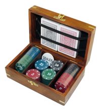 Pokerová sada v dřevěné krabici – 2 balíčky karet, 100 žetonů, 18,5 × 11,5 × 7 cm
