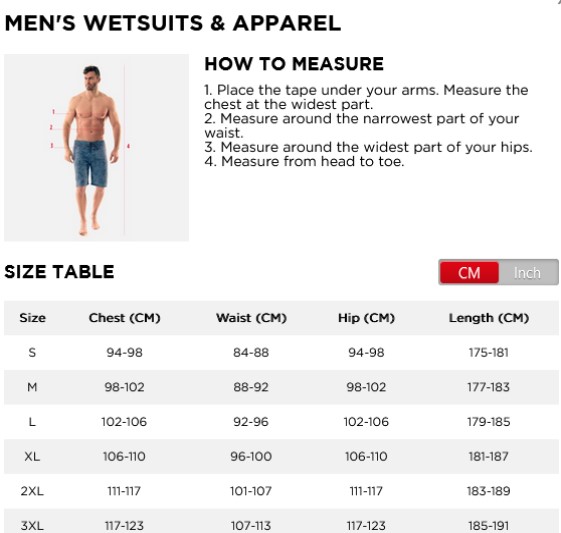 Tabulka velikostí pánského neoprenového obleku Yamaha